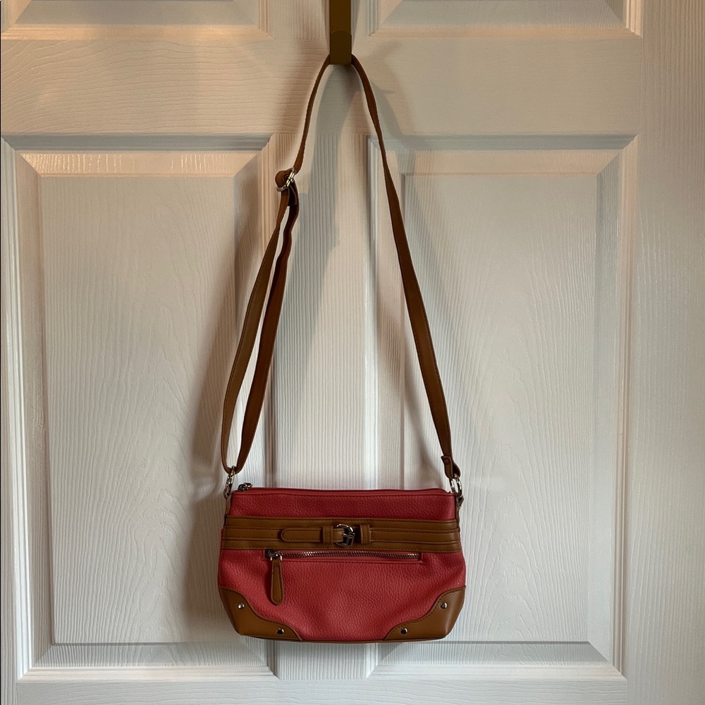 Women’s Salmon/Coral Color Crossbody Bag with Tan Trim